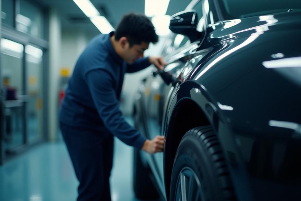 熟練の職人が車体を丁寧に磨き上げる様子